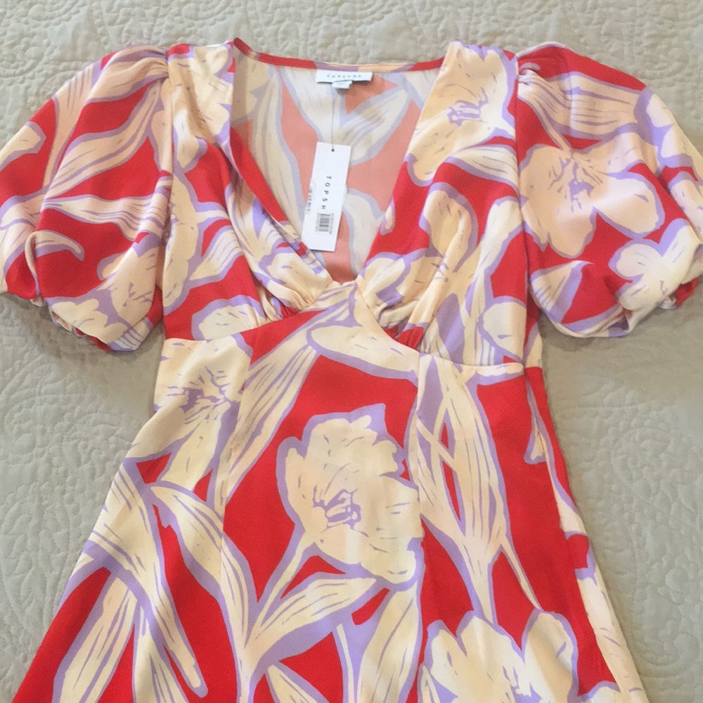 🆕 TOPSHOP Puff Sleeve Cutout Back Large Floral Satin Mini Dress 4 Red/Cream